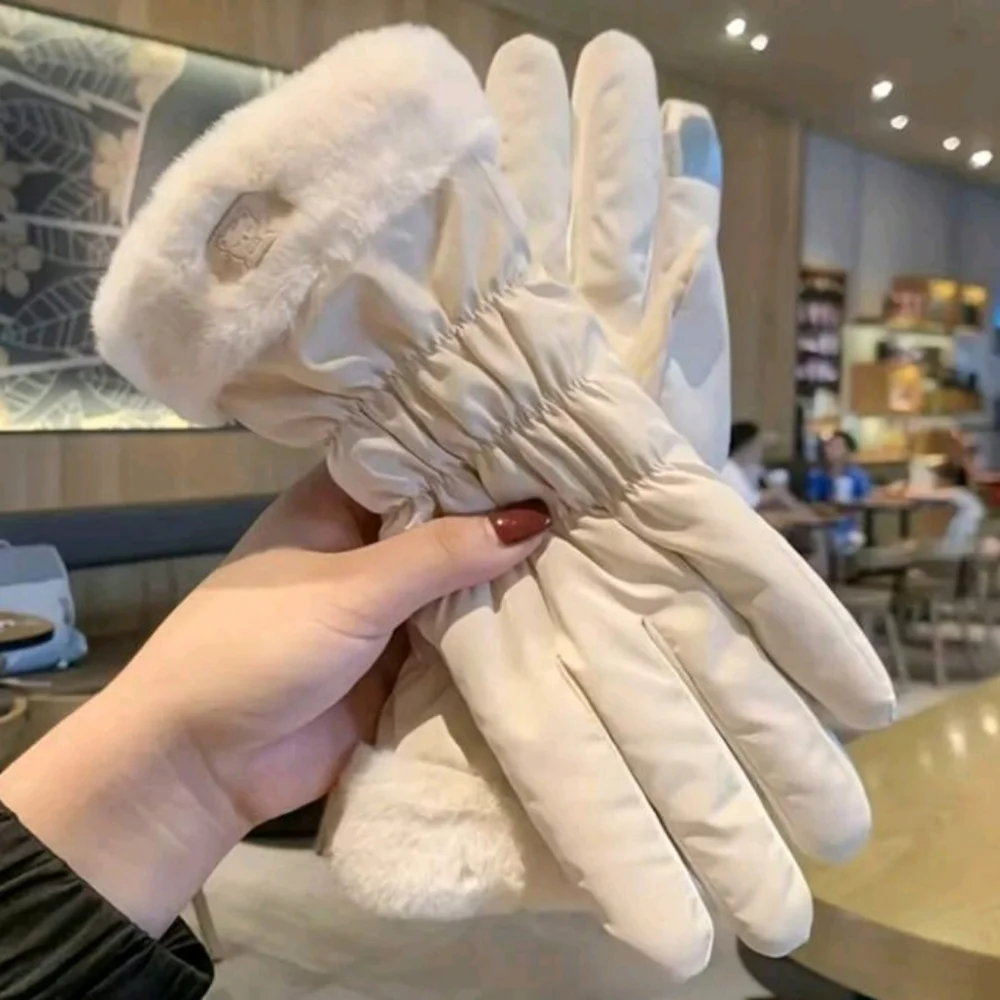 Cream Waterproof Touchscreen Fleece Lined Gloves with Faux Fur Cuff